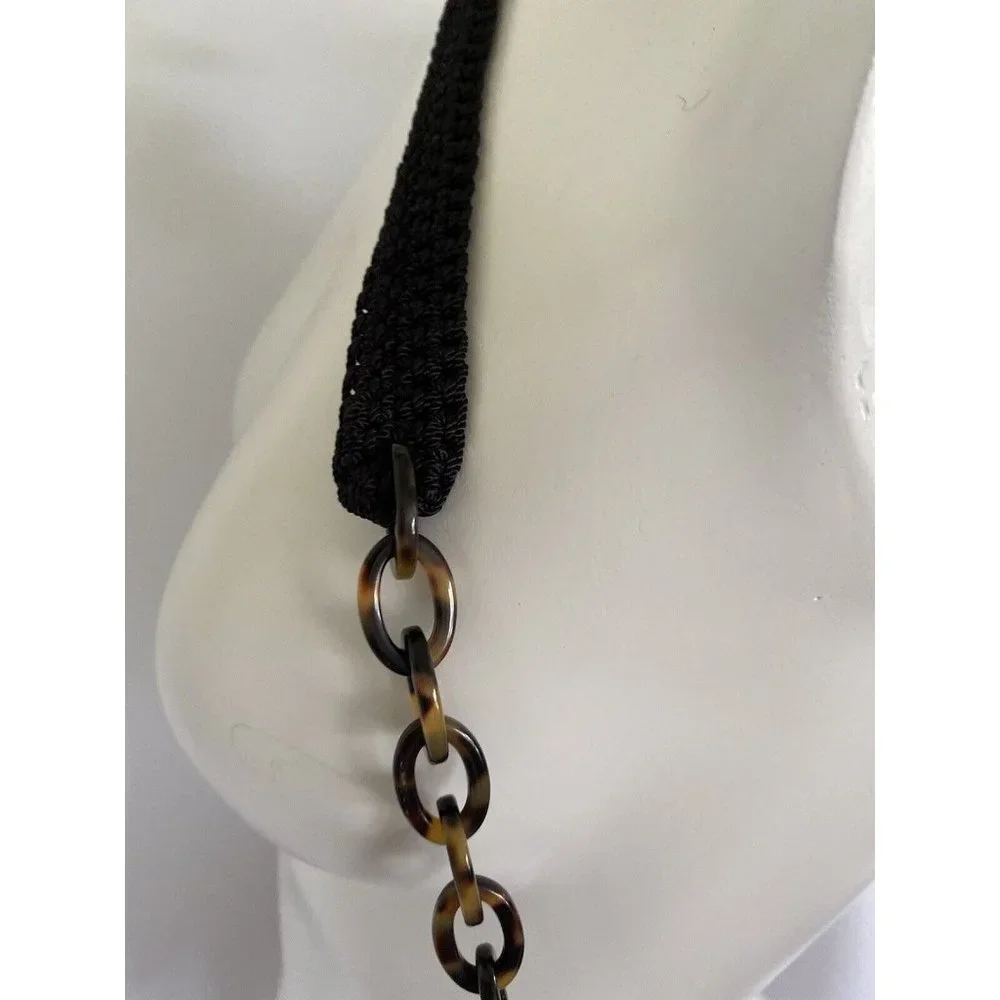 Christian Livingston Black Crochet Bag w Faux Tortoise Chain Strap Cross Body‎